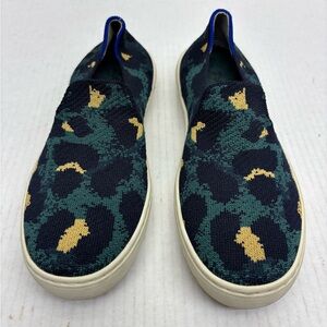 Rothy’s Slip-On Knit Sneakers in Green & Navy Leopard Print, wos SZ 6, box 14